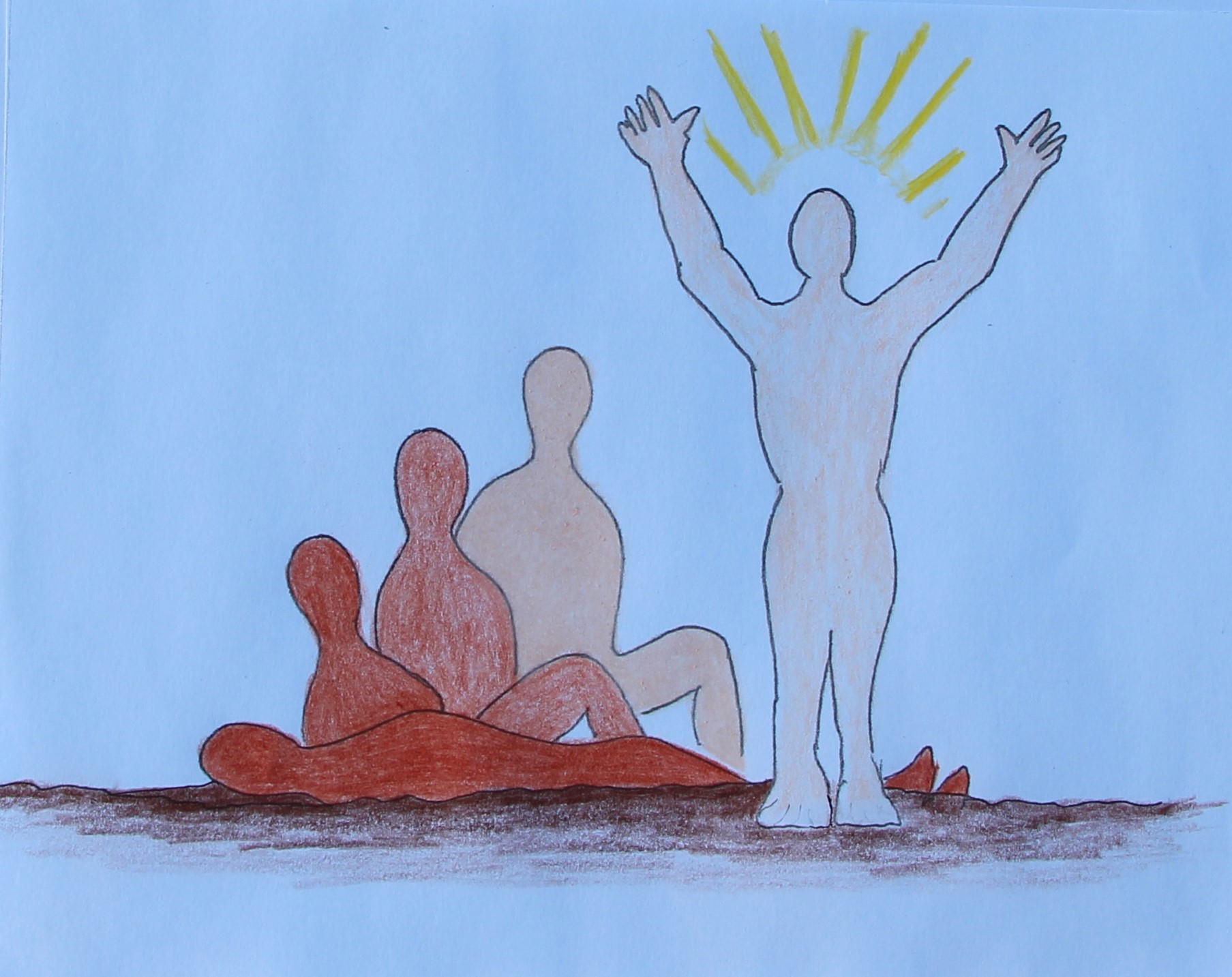 A drawing depicts four human-like figures. Three seated figures, shaded in brown tones, form a trinity on the left. One figure is standing with arms raised, facing right and outlined in white, with yellow rays around its head against a light blue background.