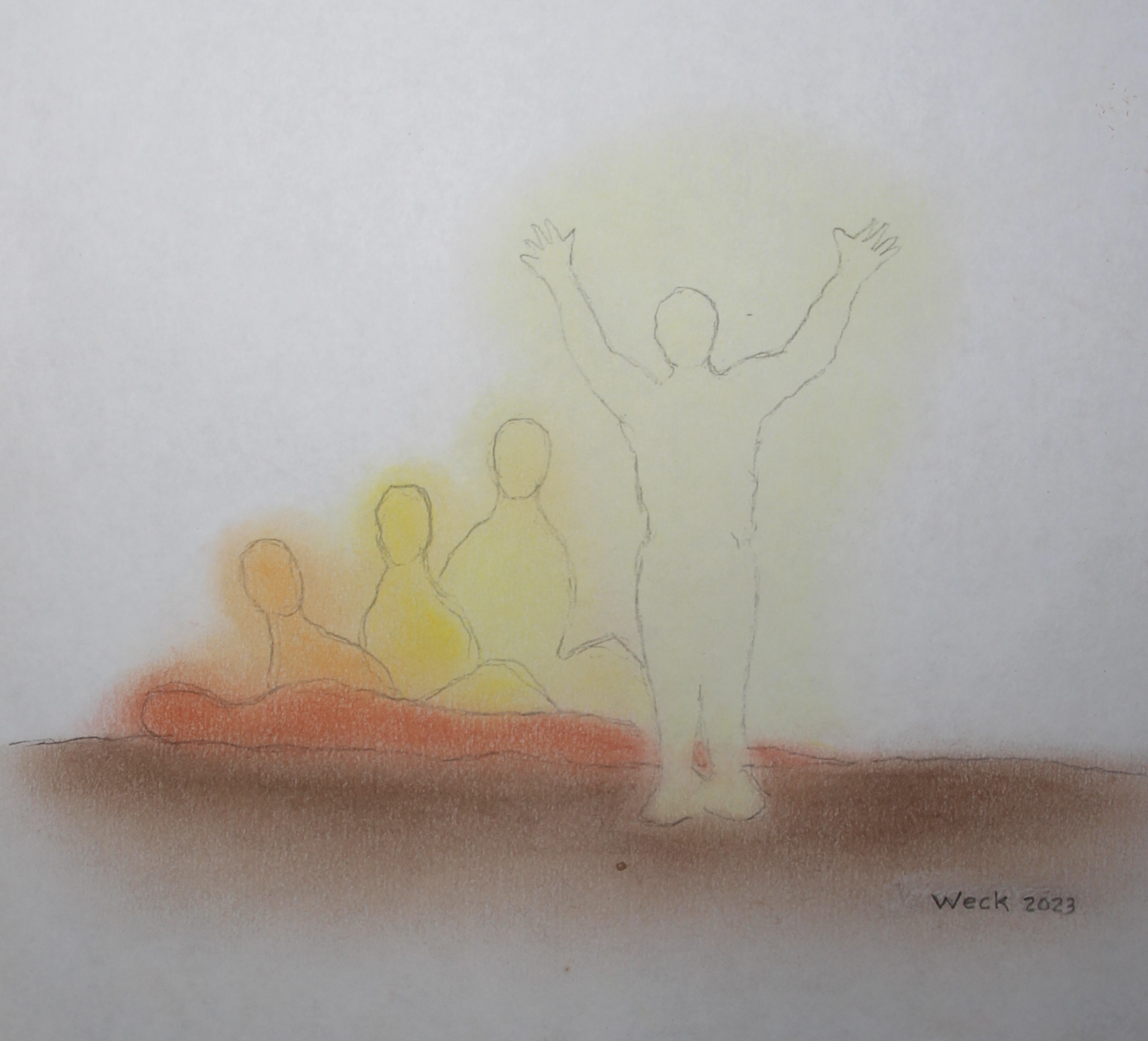 A pencil sketch of four human figures. One figure stands with arms raised, while the other three are seated or lying down. The figures are highlighted in various shades of yellow and orange. The background is white with a blend of brown and red at the base, resembling a trinity scene. The text "Week 2023" is in the bottom right corner.