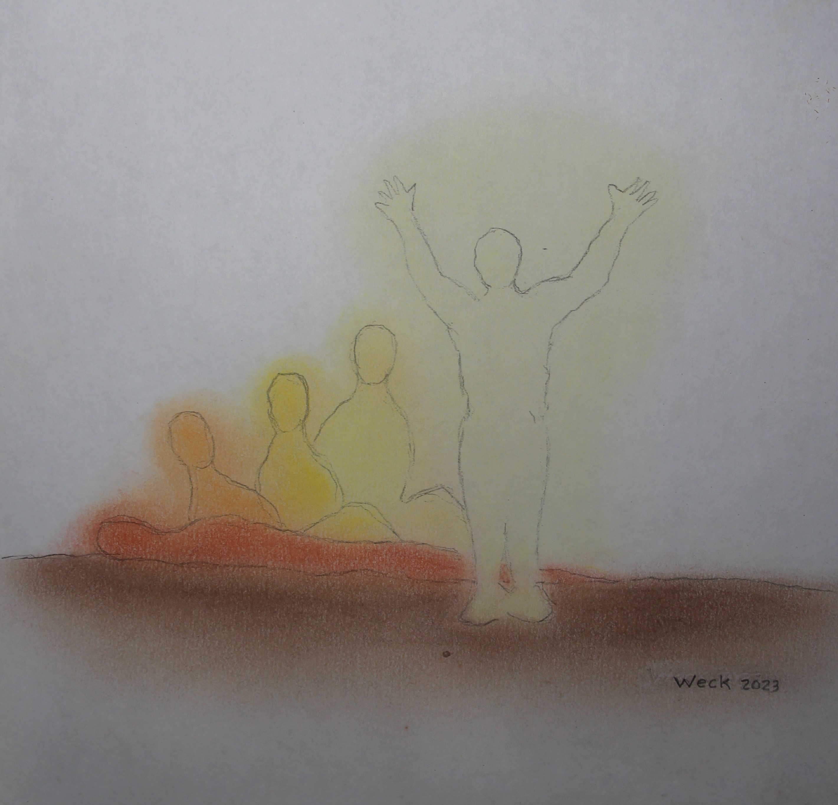 A pencil sketch of four human figures. One figure stands with arms raised, while the other three are seated or lying down. The figures are highlighted in various shades of yellow and orange. The background is white with a blend of brown and red at the base, resembling a trinity scene. The text "Week 2023" is in the bottom right corner.